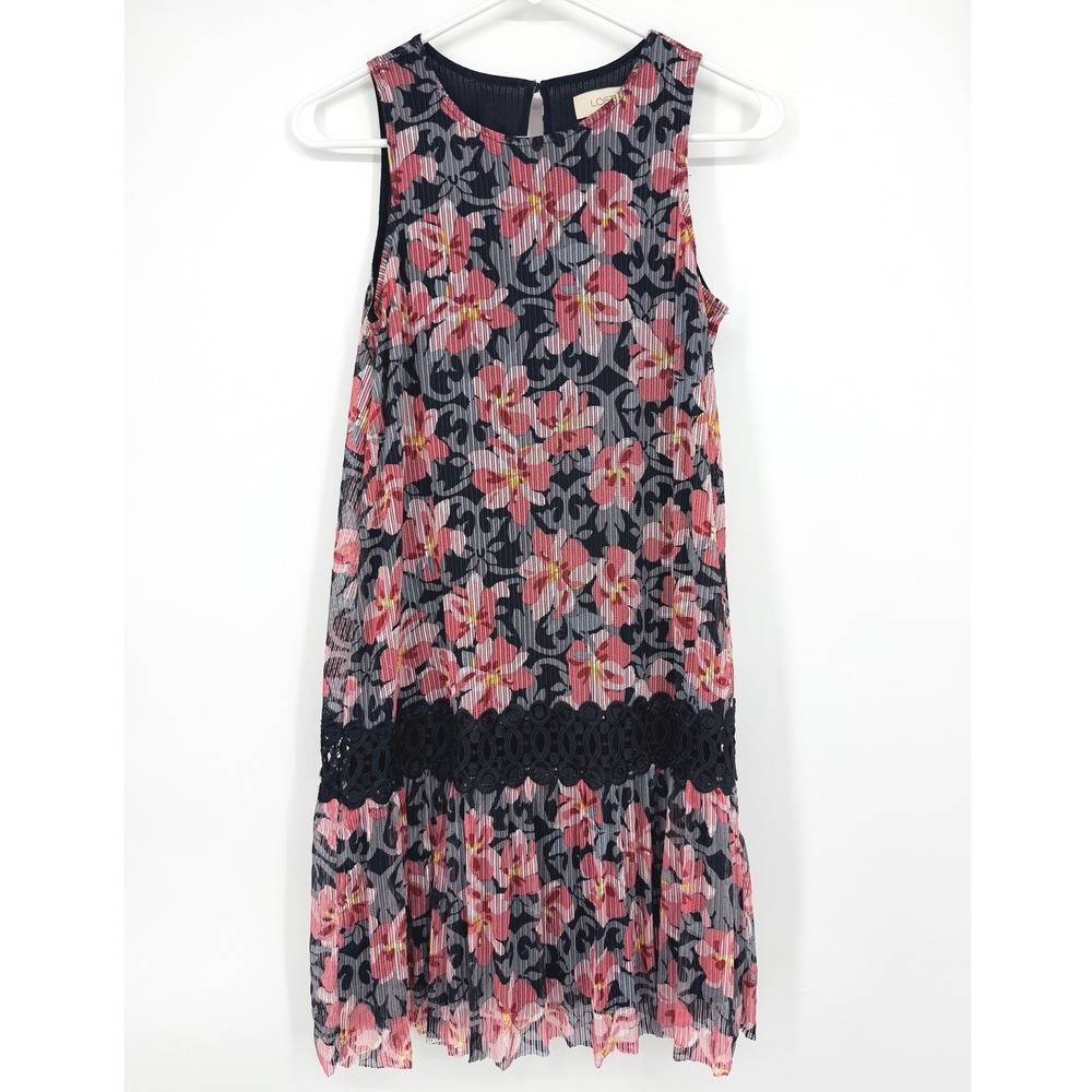 LOFT Outlet Pink Black Floral Pleated Crochet Lace Shift Dress Size 0 Sleeveless